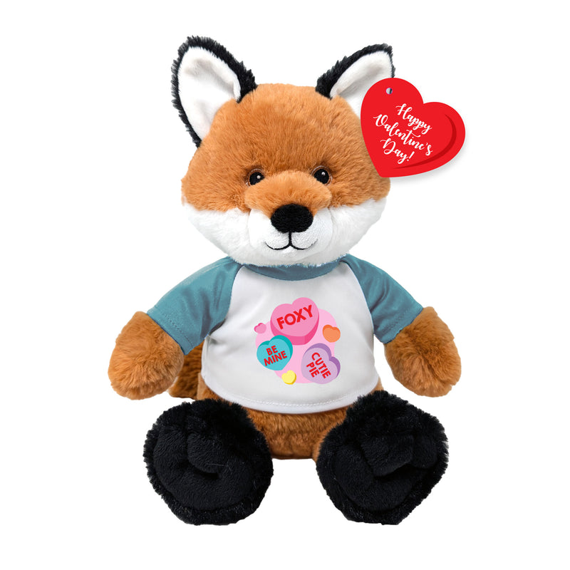 Front view of 9-inch fox plush stuffed animal wearing a Valentine’s shirt with heart tag, soft cuddly fox toy gift for all ages