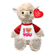 Plush llama toy wearing a 'I ❤️ YOU' shirt with a Valentine's Day tag.