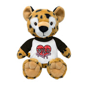 Plush toy leopardskin animal wearing a shirt with 'WILD' design on a white background