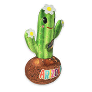 Angled front view of cactus plush stuffed animal with Arizona base