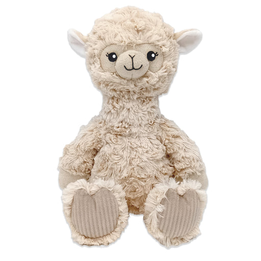 A beige plush alpaca toy with a soft, long-pile velboa texture, sitting upright.