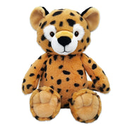 A plush toy resembling a sitting cheetah with a brown body and black spots, featuring a soft texture and a smiling face.
