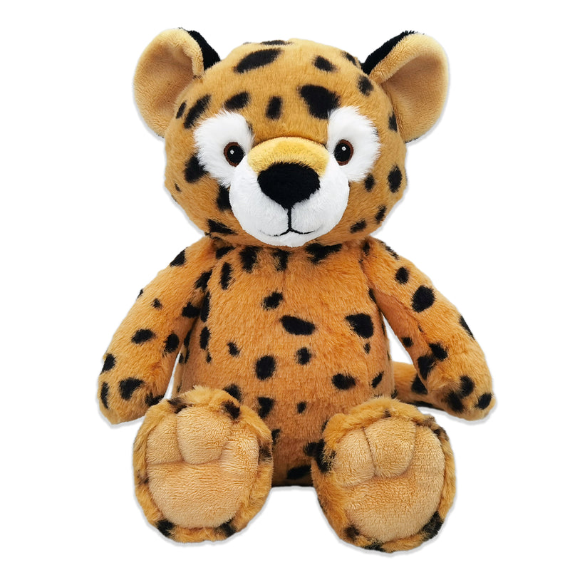 A plush toy resembling a sitting cheetah with a brown body and black spots, featuring a soft texture and a smiling face.