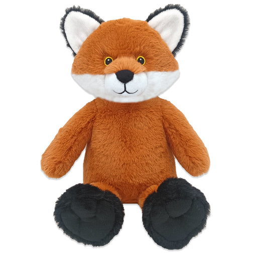 A plush toy fox with a brown body, black legs, white and grey ears, and a white face.