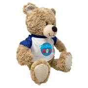 Angled front view of teddy bear plush wearing “Birthday Boy” shirt