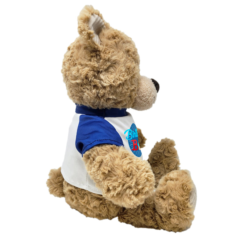 Side view of teddy bear plush wearing “Birthday Boy” shirt