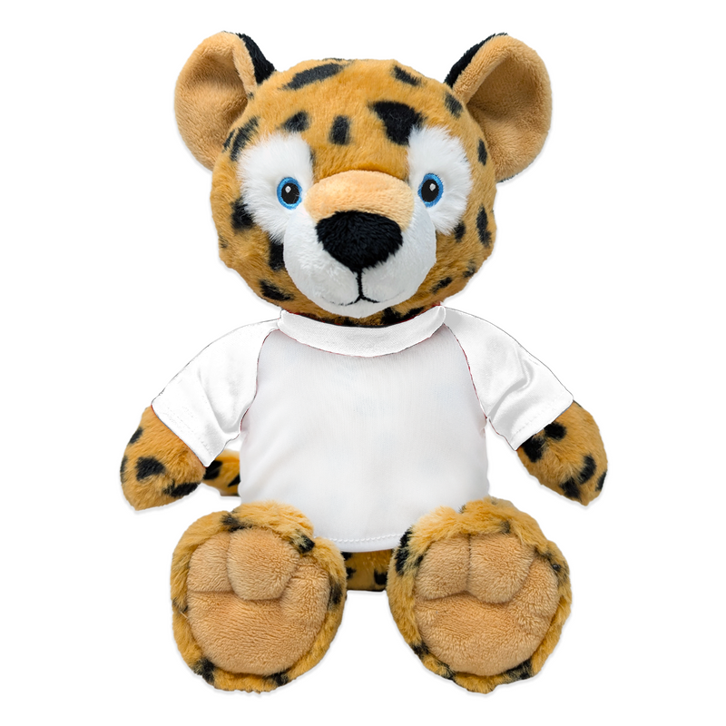 Front view of cheetah plush stuffed animal wearing blank shirt