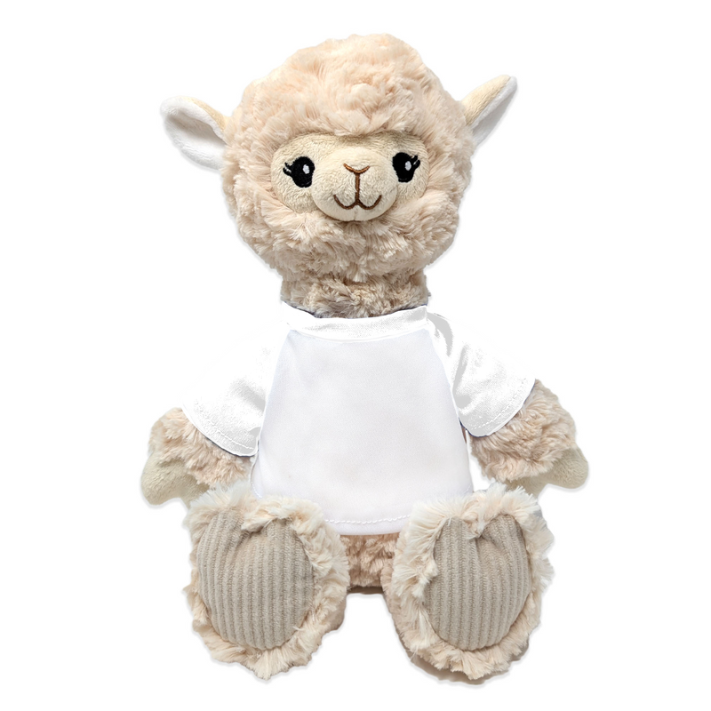 Front view of lamb plush stuffed animal wearing blank shirt