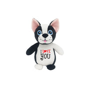 Plush toy dog with 'I love you' text on a white background