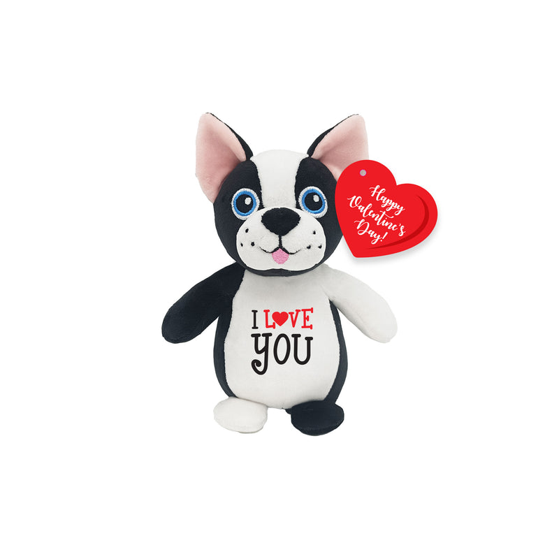 Stuffed dog toy with 'I love you' text and Valentine's Day heart tag on a white background