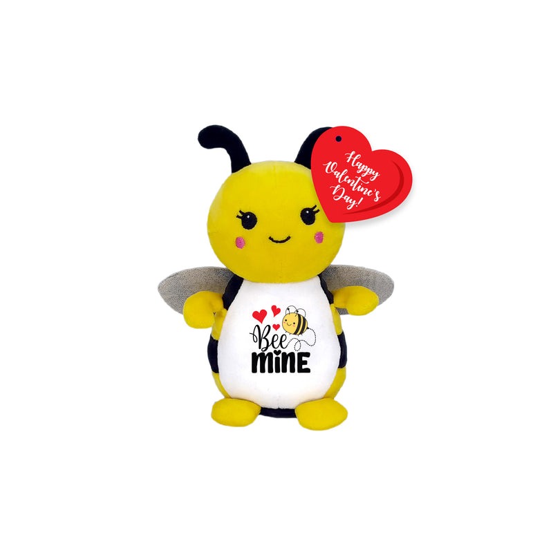 Plush bee toy with 'Happy Valentine's Day' tag and 'Bee Mine' message on a white background
