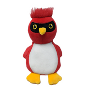 A plush toy resembling a red cardinal with a white chest, yellow beak and feet, and a red crest on its head.