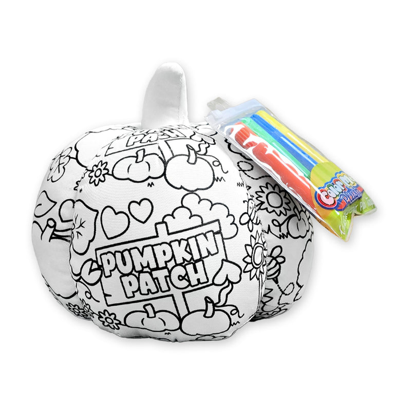 Front view of a white pumpkin-shaped plush with black outline coloring designs and “Pumpkin Patch” text, shown with a pack of colorful markers, on a white background.