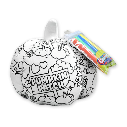 Front view of a white pumpkin-shaped plush with black outline coloring designs and “Pumpkin Patch” text, shown with a pack of colorful markers, on a white background.