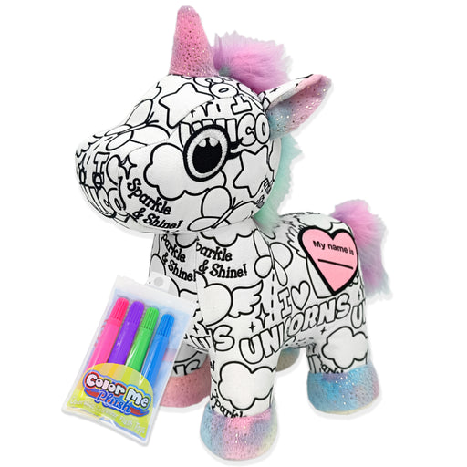 Angled view of color-me unicorn plush with markers