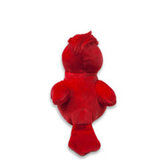 Back view of a plush toy resembling a red cardinal with a white chest, yellow beak and feet, and a red crest on its head.