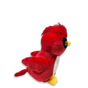 Side view of a plush toy resembling a red cardinal with a white chest, yellow beak and feet, and a red crest on its head.
