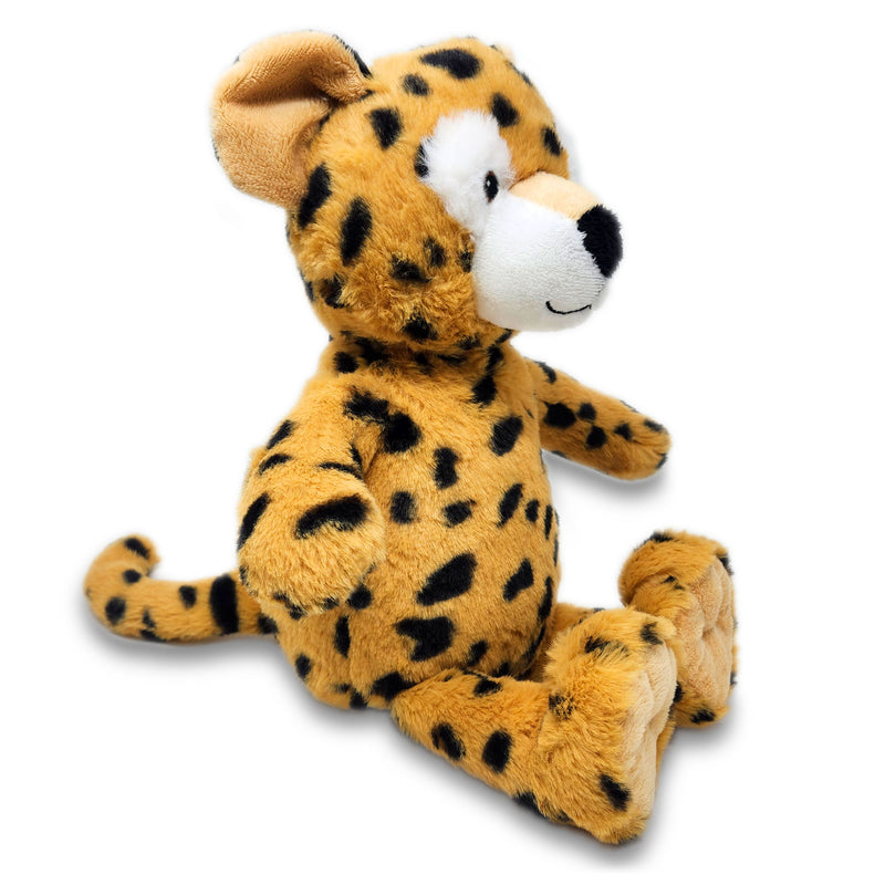 Angled view of a plush toy resembling a sitting cheetah with a brown body and black spots, featuring a soft texture and a smiling face.