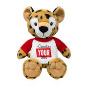 A 9-inch tall plushie toy in the shape of a cheetah with a red and white shirt. The shirt has a text that reads 'Create Your Own'.