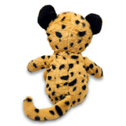 Back view of a plush toy resembling a sitting cheetah with a brown body and black spots, featuring a soft texture and a smiling face.