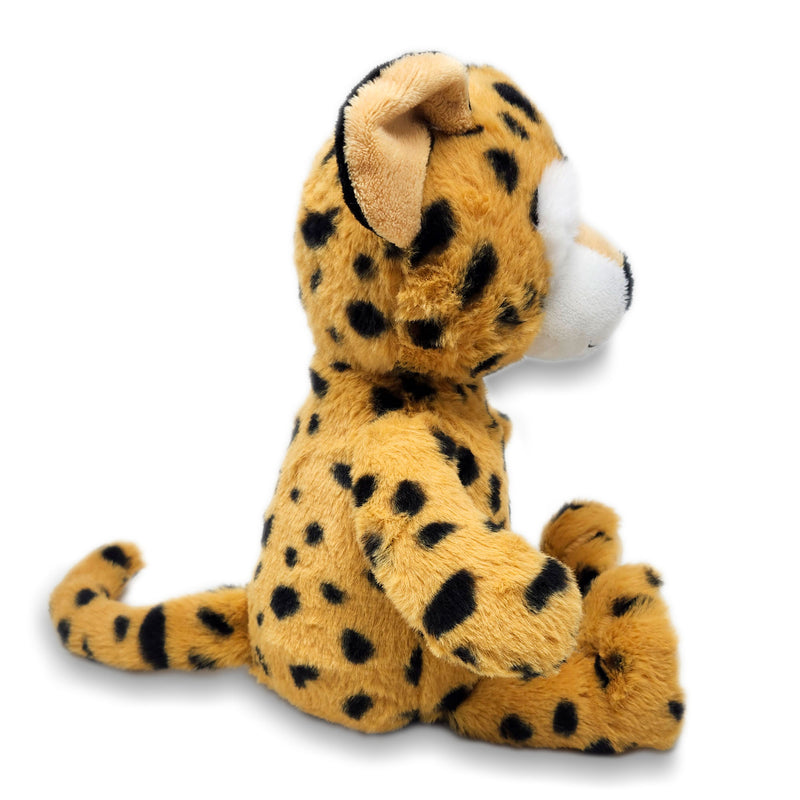Side view of a plush toy resembling a sitting cheetah with a brown body and black spots, featuring a soft texture and a smiling face.