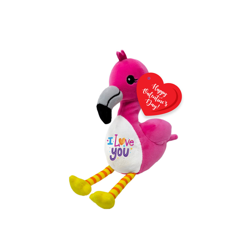 Plush flamingo toy with 'I love you' text and a heart-shaped tag on a white background