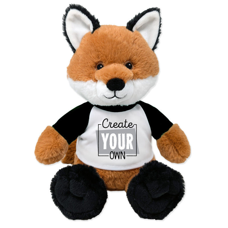 A plush toy fox with a 'Create Your Own' text on its chest, sitting upright with black ears and a white belly.