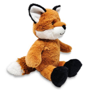 Angled view of a plush toy fox with a brown body, black legs, white and grey ears, and a white face.