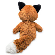 Baxk view of a plush toy fox with a brown body, black legs, white and grey ears, and a white face.