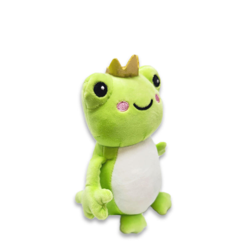 Side view of green frog plush stuffed animal wearing crown