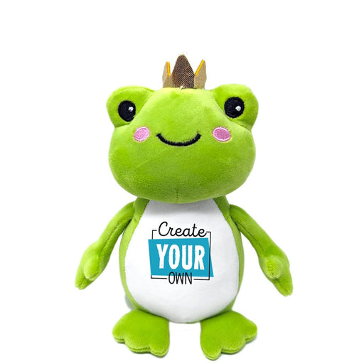 Green plush frog toy with a crown and 'Create Your Own' text on a white background
