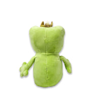 Back view of green frog plush stuffed animal with crown