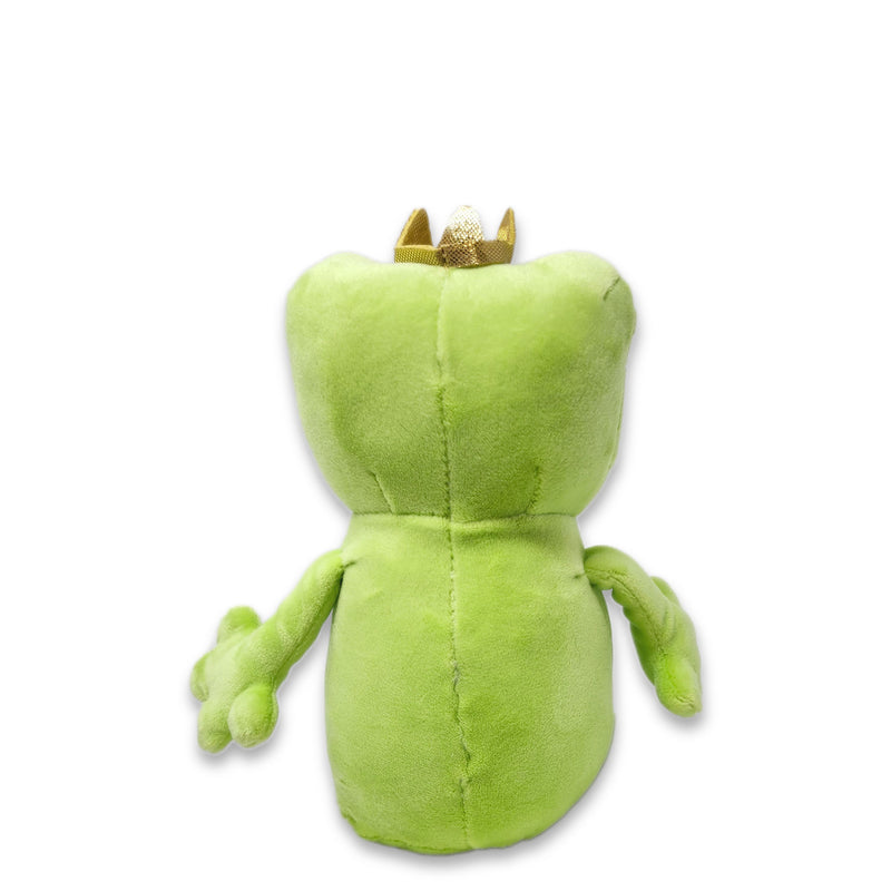 Back view of green frog plush stuffed animal with crown