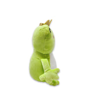 Side view of green frog plush stuffed animal with crown