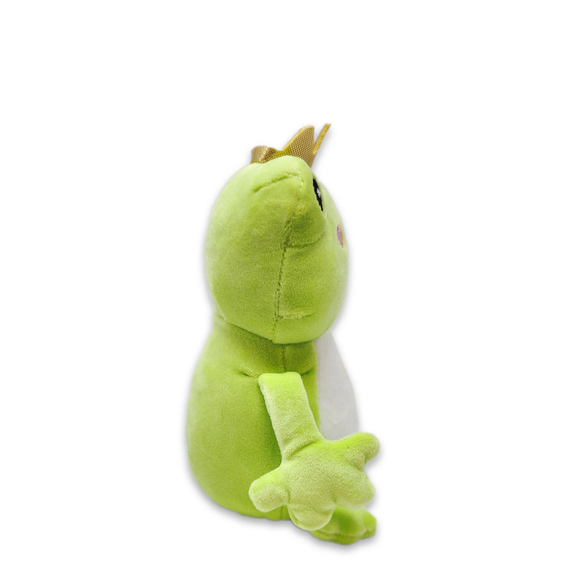 Side view of green frog plush stuffed animal with crown