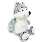 Angle view of a gray and white plush husky dog with fluffy fur, pointed ears, a black nose, brown eyes, and seated legs, shown against a white background.
