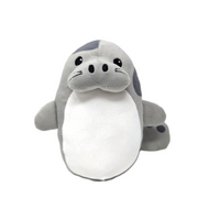 A gray and white manatee plush toy with a cute face and a mustache.