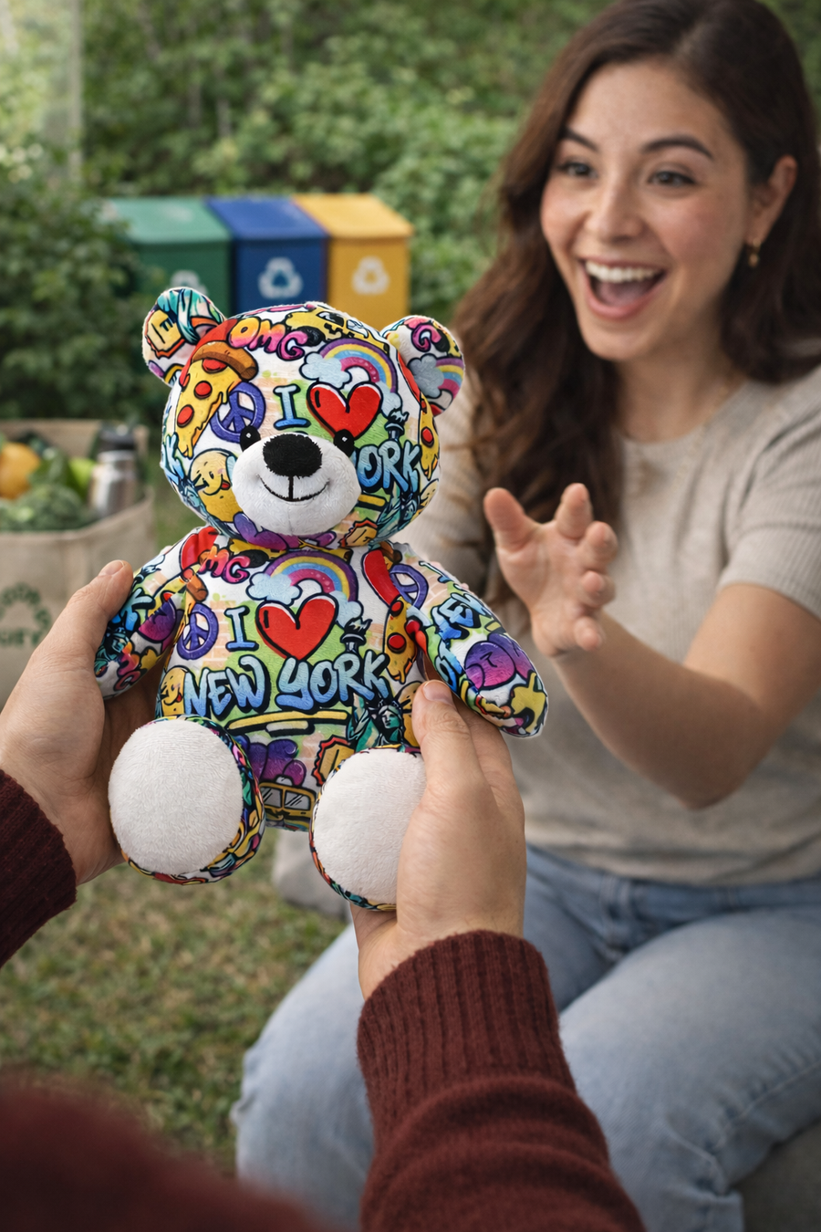Colorful teddy bear with 'I love New York' text held by two people outdoors.
