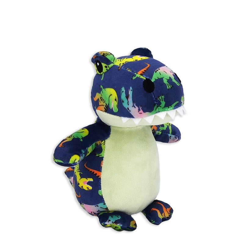 A plush animal toy resembling a dinosaur, with a predominantly blue and green color scheme and a soft, fluffy texture.