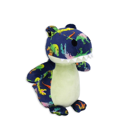 A plush animal toy resembling a dinosaur, with a predominantly blue and green color scheme and a soft, fluffy texture.
