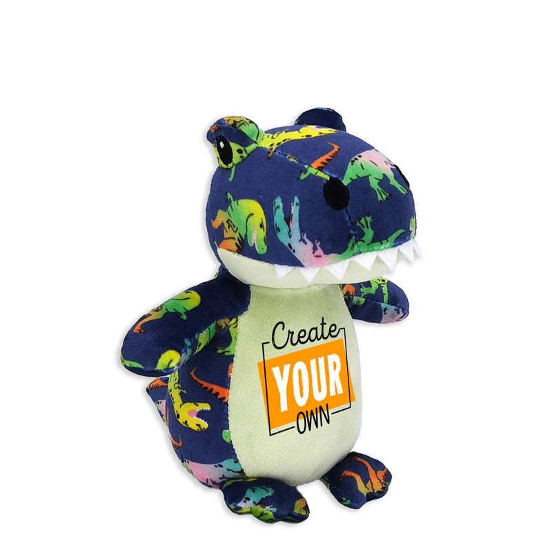 A multicolored stuffed toy resembling a tyrannosaurus rex with a 'Create Your Own' label on its chest.