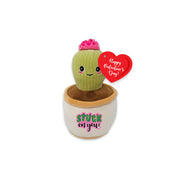 Plush cactus toy with a heart-shaped Valentine's Day tag on a white background