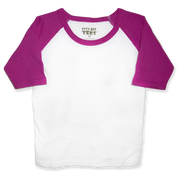 Front view of a blank white toddler raglan t-shirt with magenta three-quarter length sleeves on a transparent background.