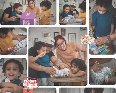 Collage of people interacting with plush toys and a camera, with 'Plush World' and 'Capture Memories' branding.