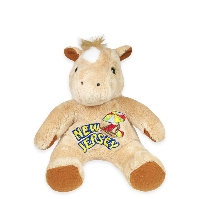 Front view of a tan plush horse with stitched facial features and embroidered “New Jersey” text with a beach umbrella design, isolated on a transparent background.