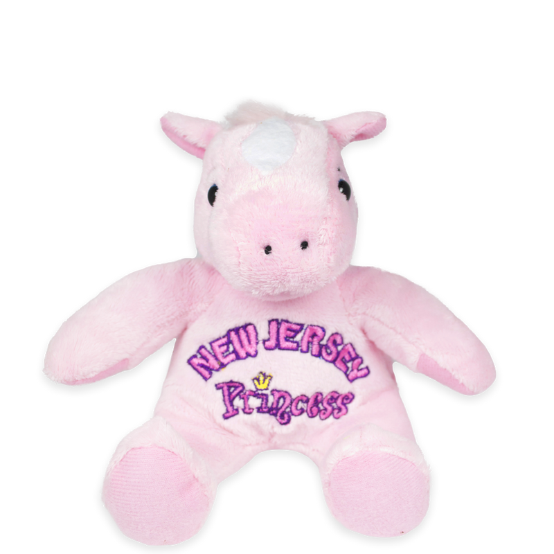 Front view of a pink plush unicorn with stitched facial features and embroidered “New Jersey Princess” text on the body, isolated on a transparent background.