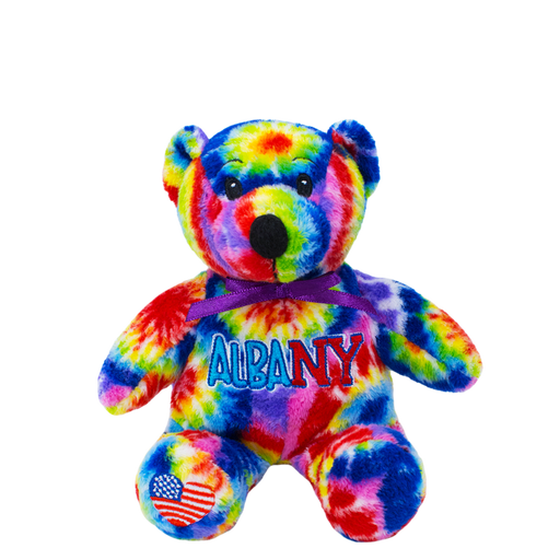 A multicolored tie-dye plush bear with 'Albany' embroidered on its chest and an American flag patch on its foot.