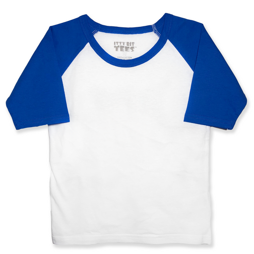 Front view of a blank white toddler raglan t-shirt with royal blue three-quarter length sleeves.