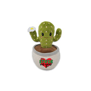 Plush cactus toy with a pot that says 'Stuck on you' on a white background