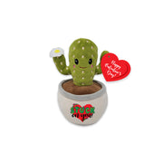 Plush cactus toy with a heart-shaped tag on a white background